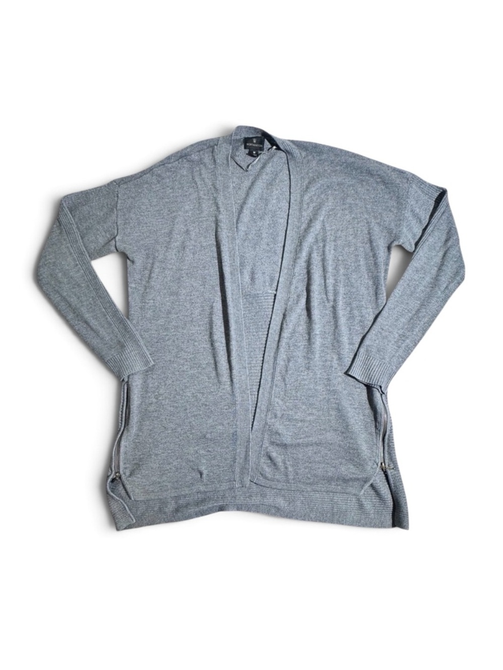 Worthington Womens Medium Heather Gray Knit Cardigan‎ Open Front Zipper Accents